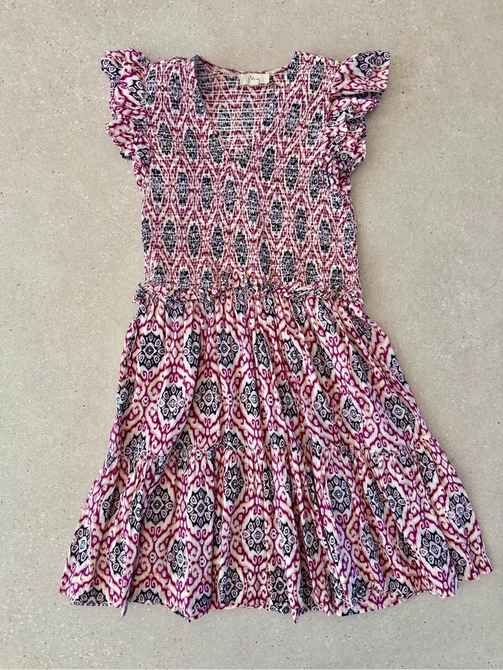 Elan Pink Patterned Smocked Flutter-Sleeve Mini Dress